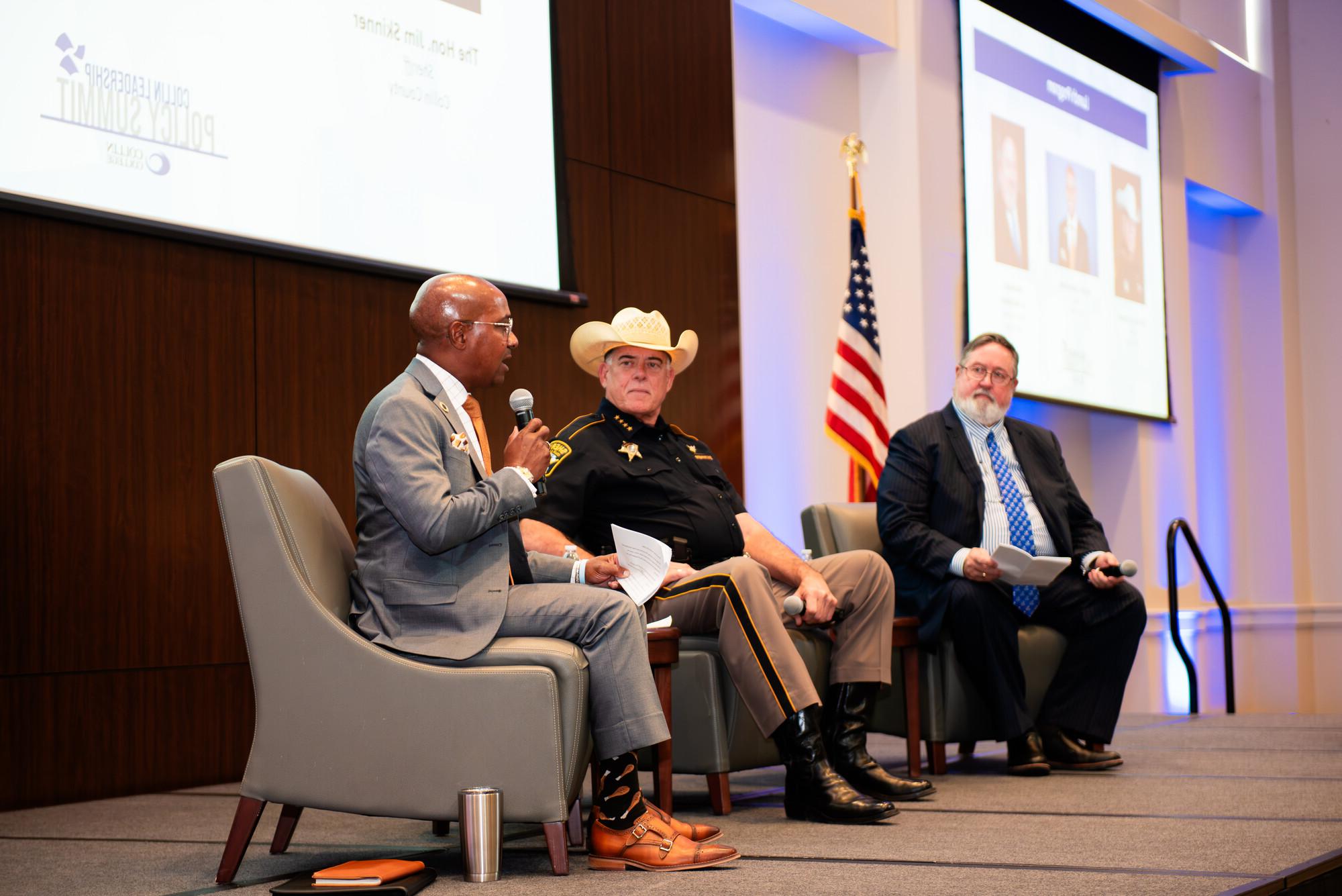 Allen Mayor Baine Brooks discusses public safety with Collin College President Dr. Neil Matkin and Collin County Sheriff Jim Skinner.