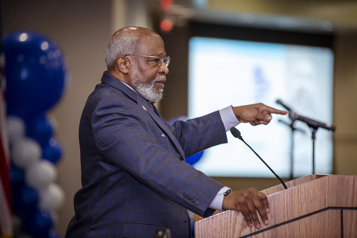 Dale Hawkins Long addresses the crowd at the Dr. Martin Luther King Jr. Power Leadership Breakfast as its keynote speaker. Long is a longtime volunteer and survivor of the 16th Street Baptist Church bombing in Birmingham, Alabama, in 1963.